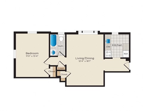Floor plan for 1 bed, 1 bath, 550 sqft